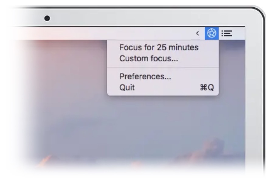 Screenshot of focus app menubar options