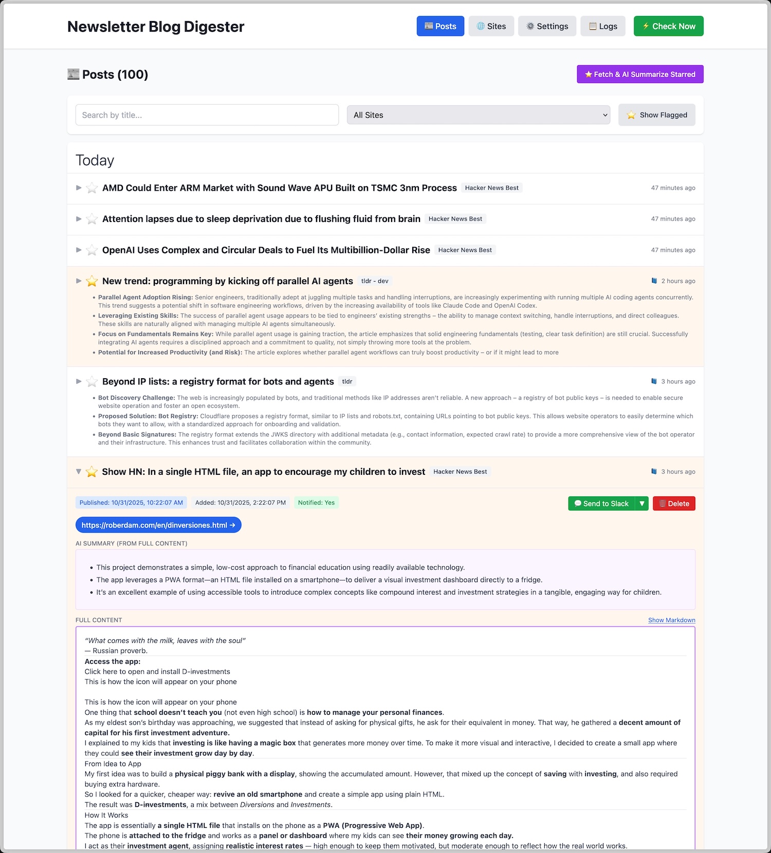 Post detail view with actions: mark as read, flag, delete