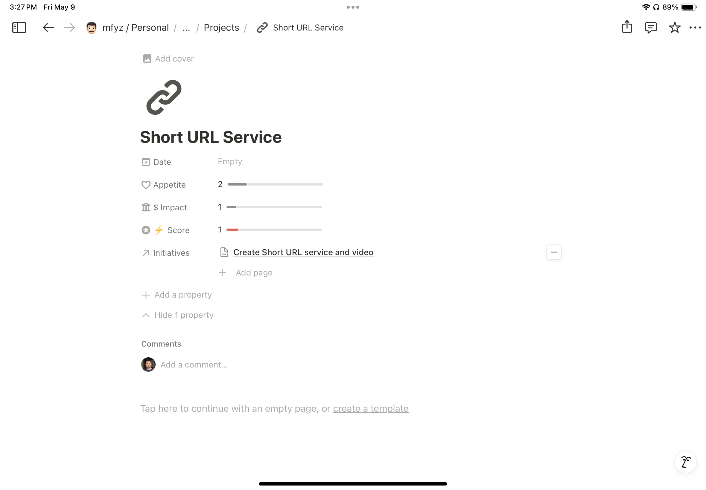 A project detail page 'Short URL Service' example, showing score fields filled appetite/importance, and calculates score field. Score field has zap emoji at the beginning, it means this is a formula field, and should not be manually entered.