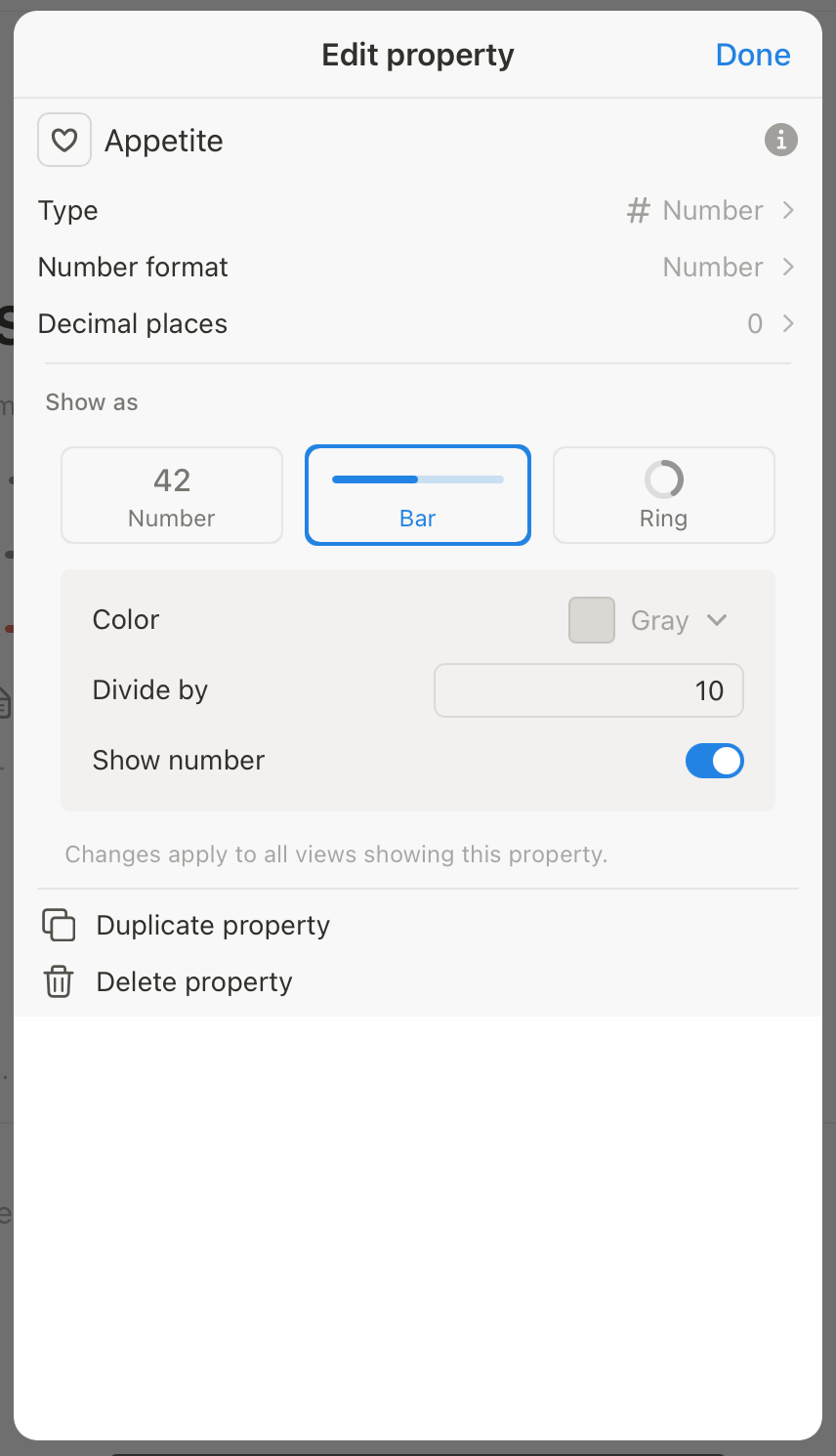 Edit property pop-up that shows a number format field's configuration in Notion. It is being configured as progressbar display, divided by 10