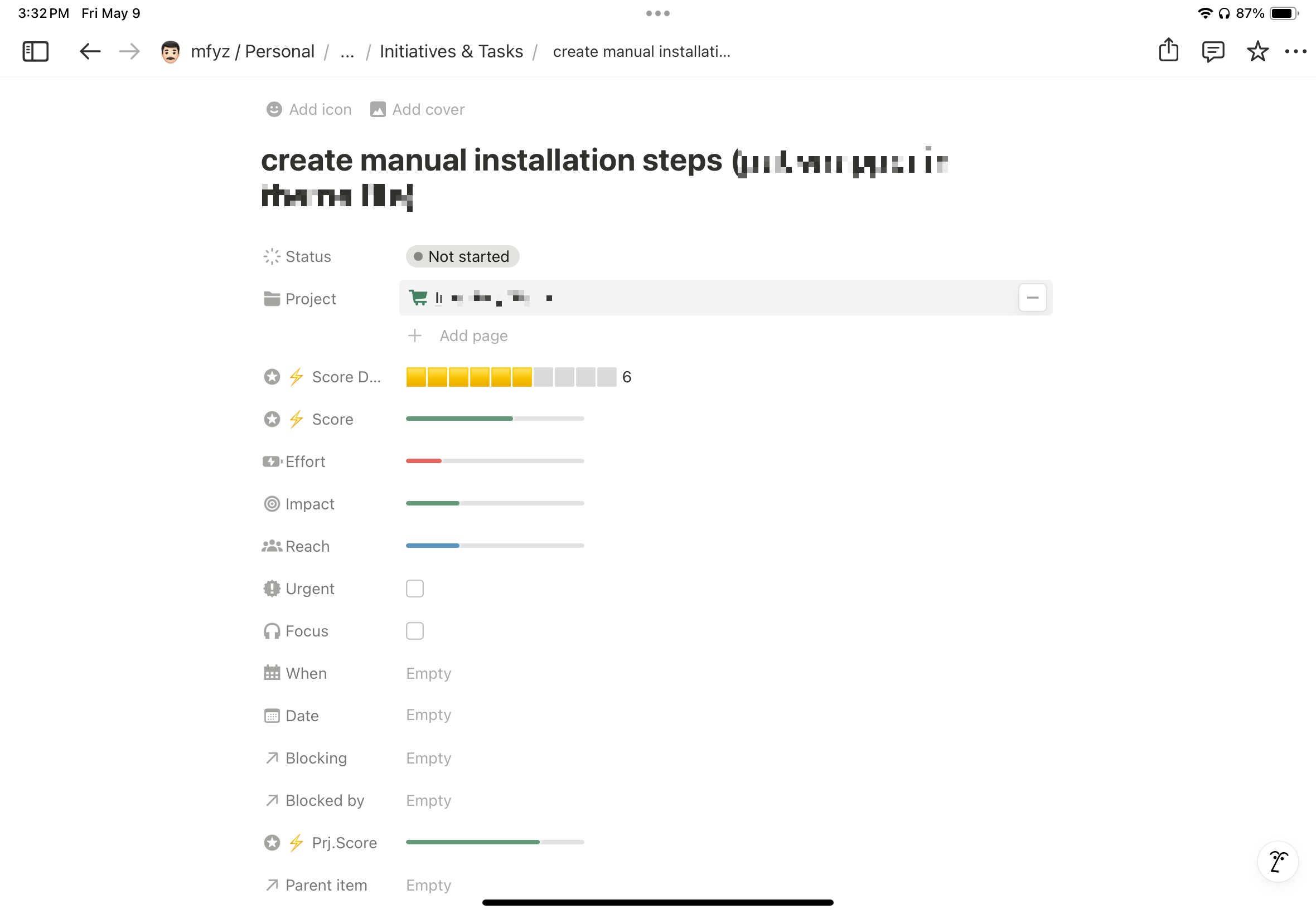 A task detail screen showing all fields we described in other screenshot descriptions, also due date, urgent checkbox, focus checkbox, blocking, blocked by relational fields.