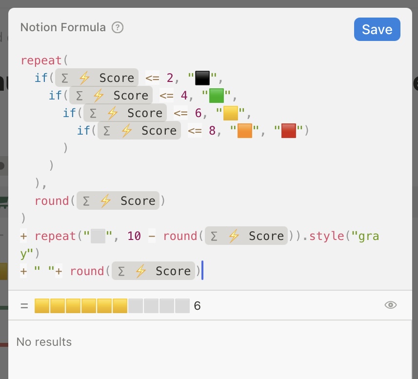 Task score display field formula pop-up, shows the formula of the colored emojis using another numeric calculated field called 'Score'