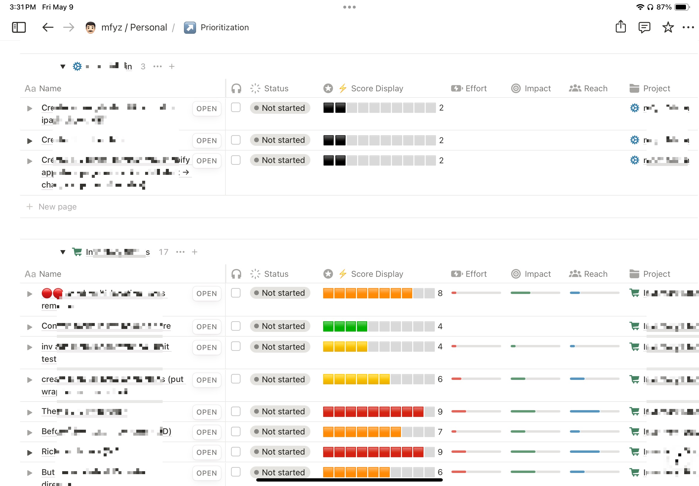 List of tasks, groups expanded, so actual tasks are visible. Tasks show visually calculated overall score. Score display for tasks uses colored box emojis to make higher score tasks show the progress bar with red color, as the score of a task gets lower, the color gets orange, yellow, green, black colors. Tasks have status values, scores: effort, impact, reach, and 'project' link. All of these are used to calculate the overall task score. All of these field values are visible in this screenshot