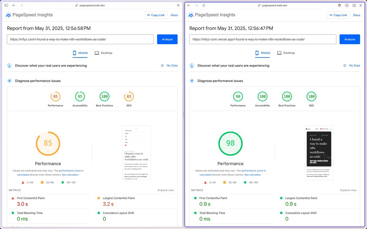 Side-by-side comparison of WordPress and Astro blog posts showing performance improvements