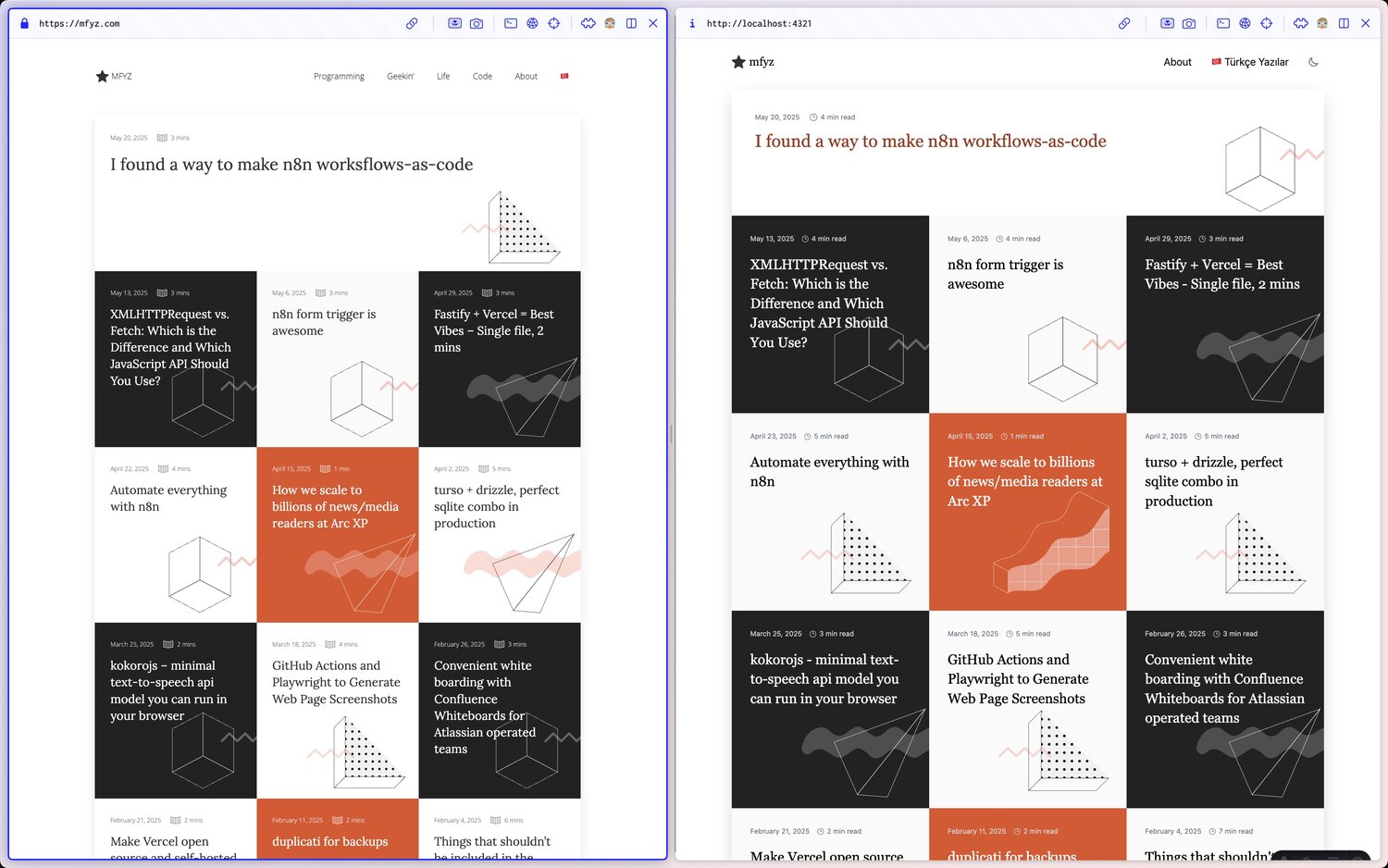 Side-by-side comparison of WordPress (left) and Astro (right) versions of mfyz.com