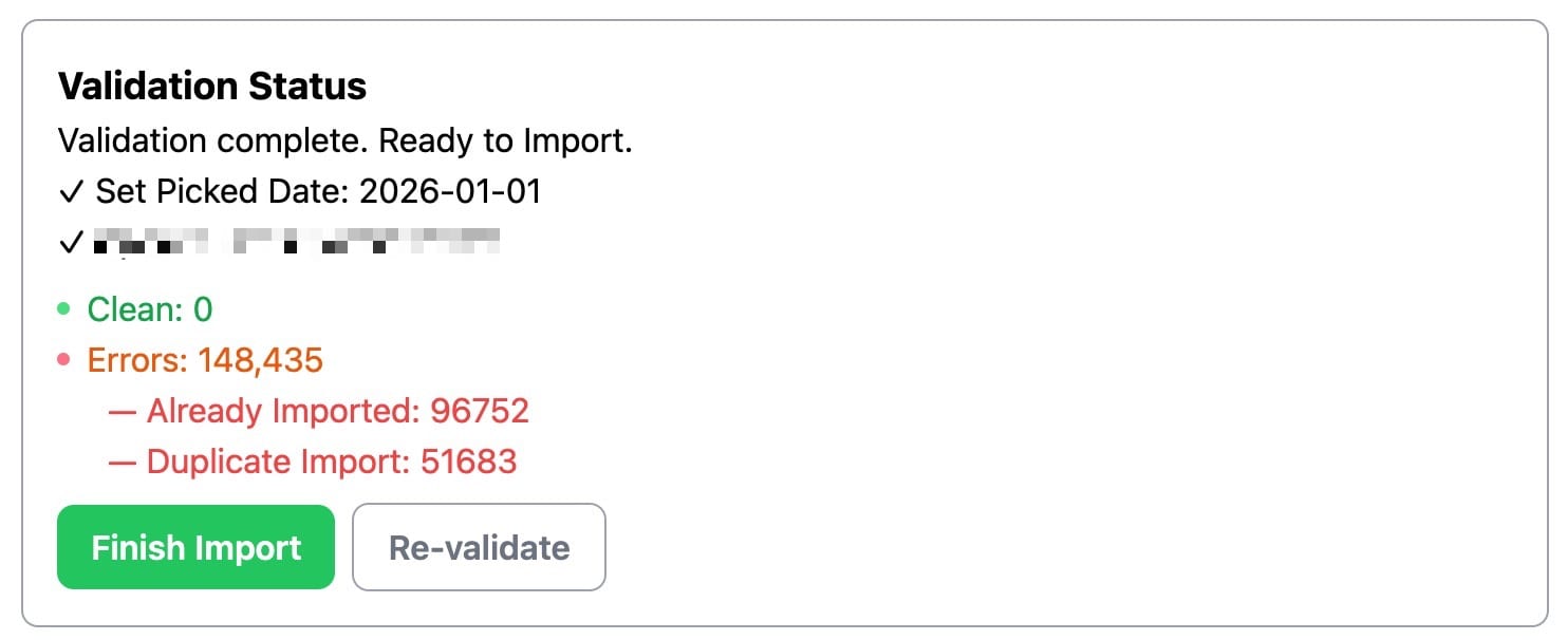 Validation status summary showing grouped importer errors and counts